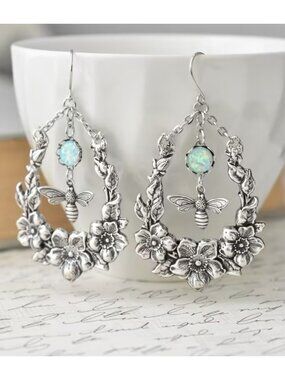 Drop Earrings Movement Hippie Chic Bee & Flowers Faux Fiery Opal Zinc Alloy